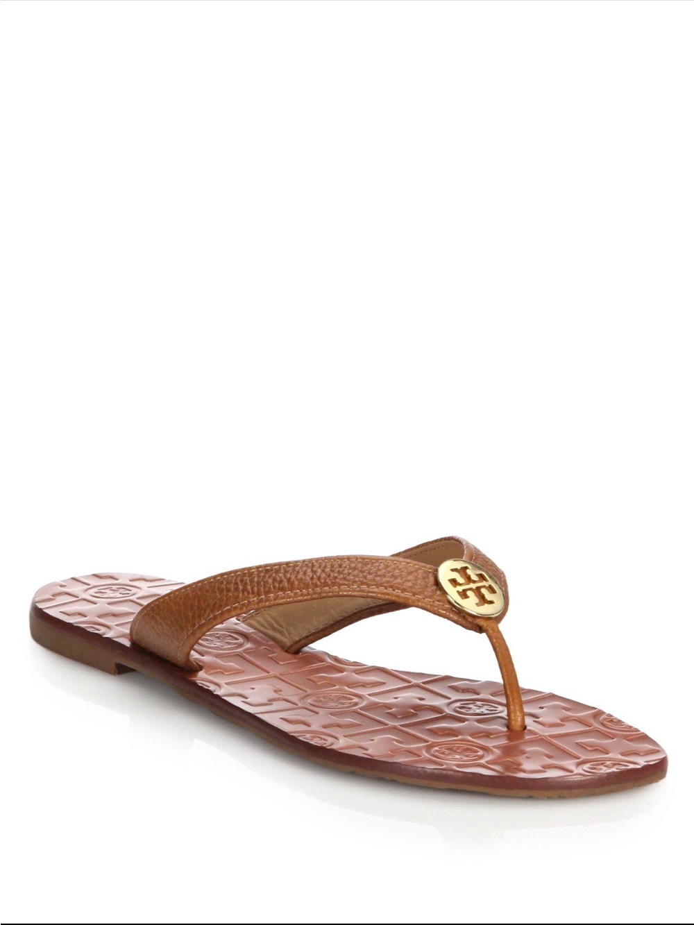 Tory Burch Tan Leather Logo Thong Sandal with Gold Emblem